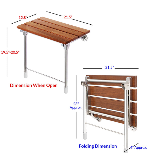 Home Aesthetics Foldable 21.5" Teak Wood Shower Seat Bench with Supporting Legs Wall Mounted (CL_HOM501109) - Alt Image 3